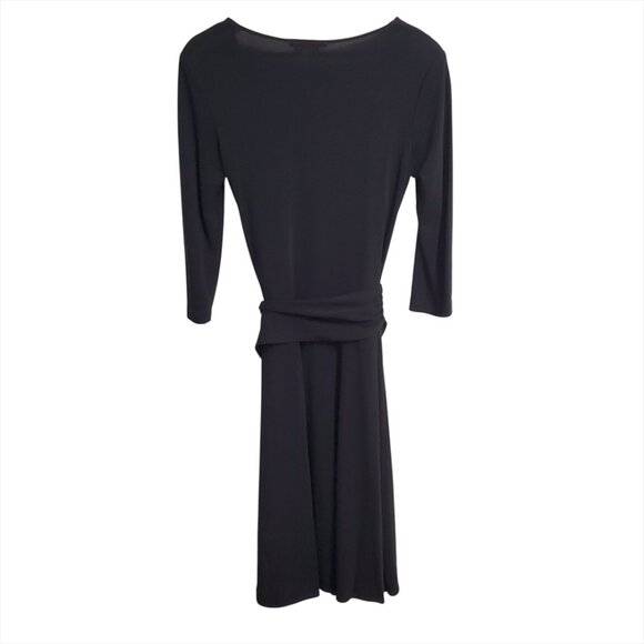 BCBGMaxAzria Black Faux Wrap Midi Dress M 3/4 Sleeve Tie Ruched Minimalist - Picture 3 of 12